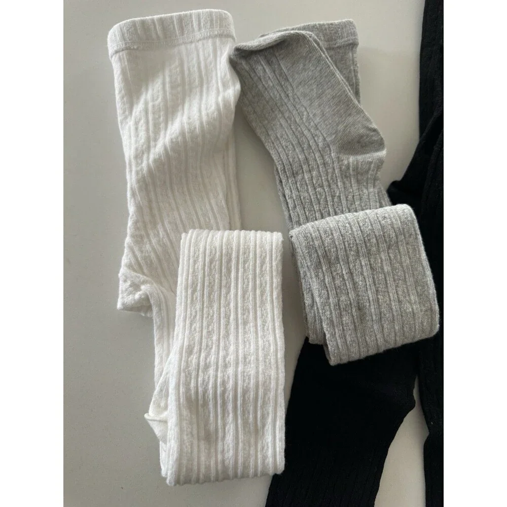 Girls' Cable Knit Cotton Footed Tights Size XS 4-5 gray white black 3 pack